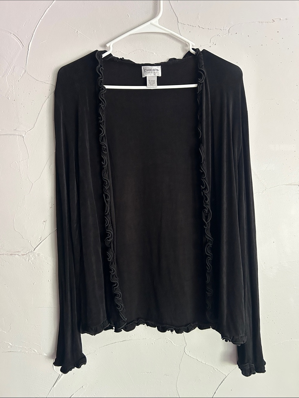 Chico's Black Ruffle-Trim Open Cardigan